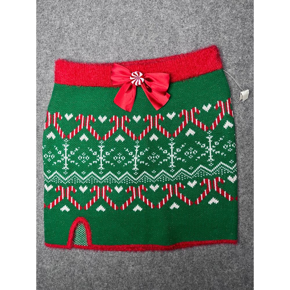 Planet Heart Fuzzy Ugly Christmas Sweater Skirt w Candy Bow Green Red Large NWOT